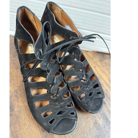 PAUL GREEN Black Open Toe Lace Up Suede Sandal Booties Shoes Sz 7 - Picture 1 of 8